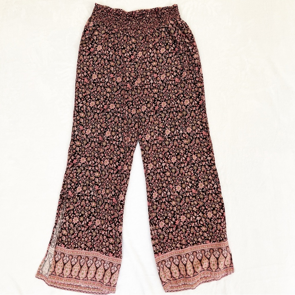 Floral Print Pink Black Wide Leg Pants Large Pockets Bohemian Lounge Pants